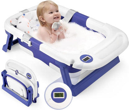 Baby Bathtub, Newborns Bath Essentials, Portable Bath tub For Infant 0-24 Months，Baby Shower Gifts With Soft Cushion,Temperature Sensor and Tray
