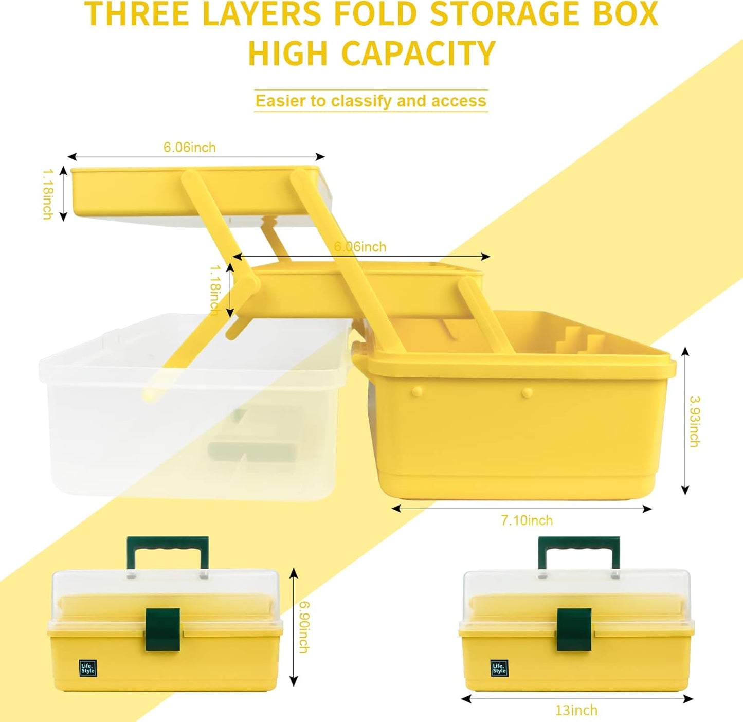 34cm Art and Craft Organizer Storage Box with 3 Layers, Multifunctional Plastic Tool Box with Handle, Yellow - PuriLite