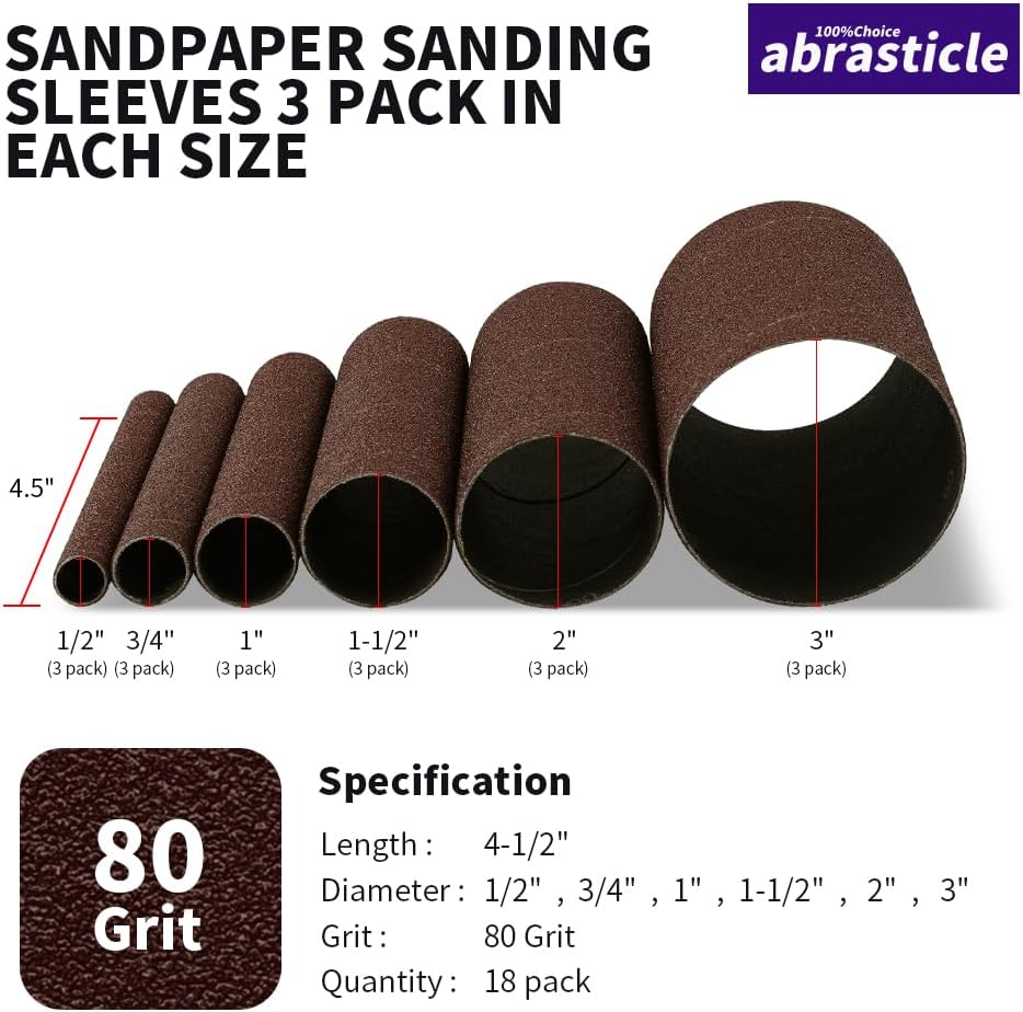 18 Pack Spindle Sander Sleeves, Sanding Sleeves for Oscillating Sander, 80 150 240 Assorted Grit Sandpaper, 4-1/2" Length, 1/2",3/4",1",1-1/2", 2", 3" Diameter