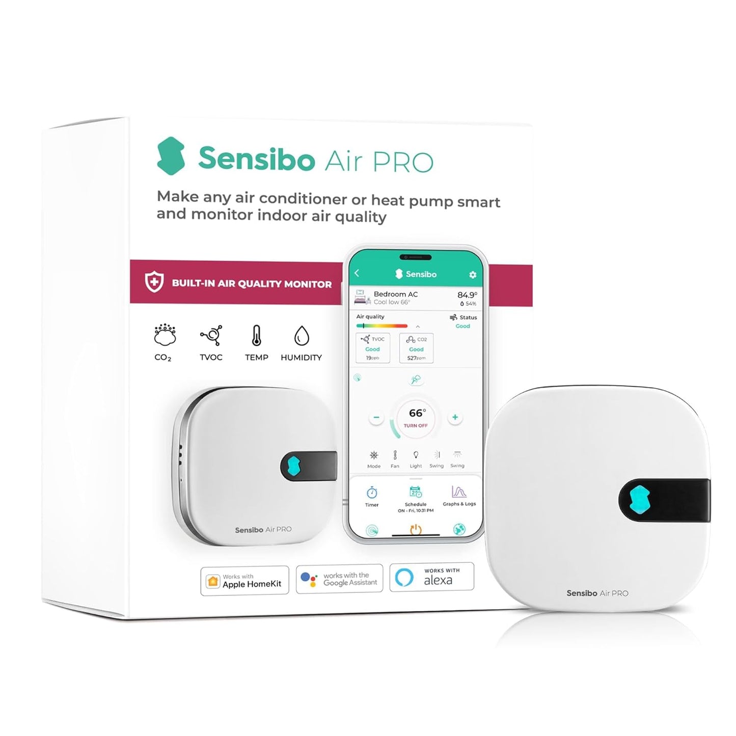 Sensibo Air PRO - Air Conditioner Smart Controller & Air Quality Sensor. Smart Thermostat for Mini Split, Window, Portable AC. Temp & Humidity Sensors. Google, Alexa, Siri & Apple HomeKit Compatible