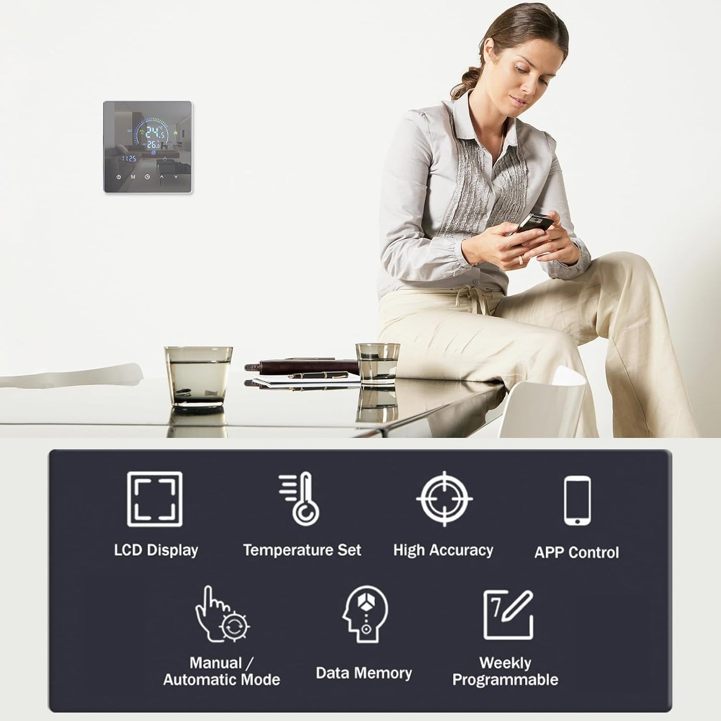 Thermostat, Manual Auto Mode Weekly Programmable Smart Thermostat Smart Home with Touch Button LCD Screen for Water Heating Systems (Electric Heating)