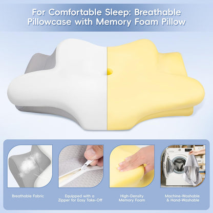 Cervical Neck Pillow,Memory Foam Pillows for Relieving Neck and Shoulder Pain, Neck Support Pillow for Side Sleepers, 2 Heights Ergonomic Pillow with Breathable Ice Silk Cover White
