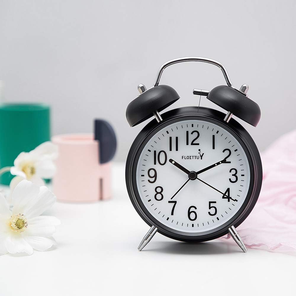 FLOITTUY (Loud Alarm for Deep Sleepers) 4'' Twin Bell Alarm Clock with Backlight for Bedroom and Home Decoration(Black)