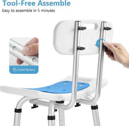 Shower Chair with Back Removable - 2 in 1 Nonslip Shower Stool for Inside Shower, Adjustable Shower Seat for Seniors, Elderly, Handicap, Disabled 300LBS