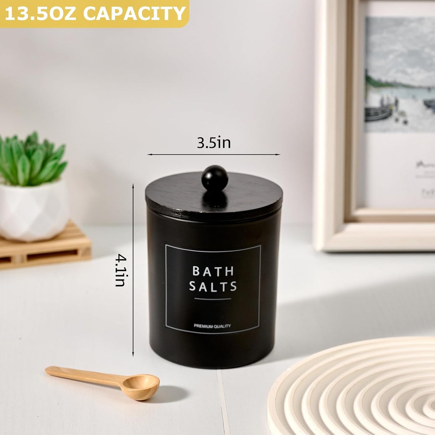 Black Glass Qtip Holder Set with Bamboo Tray, Cotton Swab and Round Dispensers with Lids, Apothecary Bathroom Storage Jars, Set of 3 - PuriLite