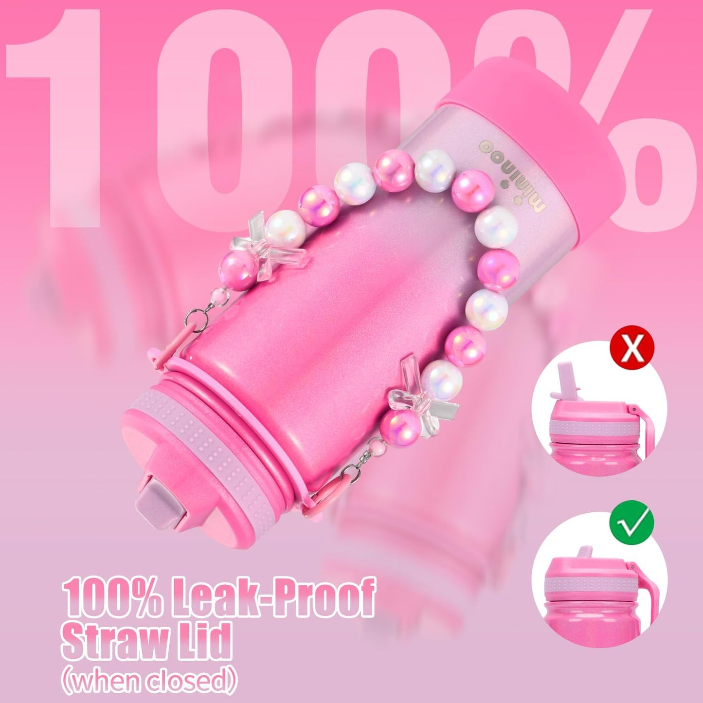 Mininoo 16 oz Ceramic-Lined Kids Water Bottle- Stainless Steel Insulated Water Bottle Kids with Leakproof Straw Lid for Girls & Boys