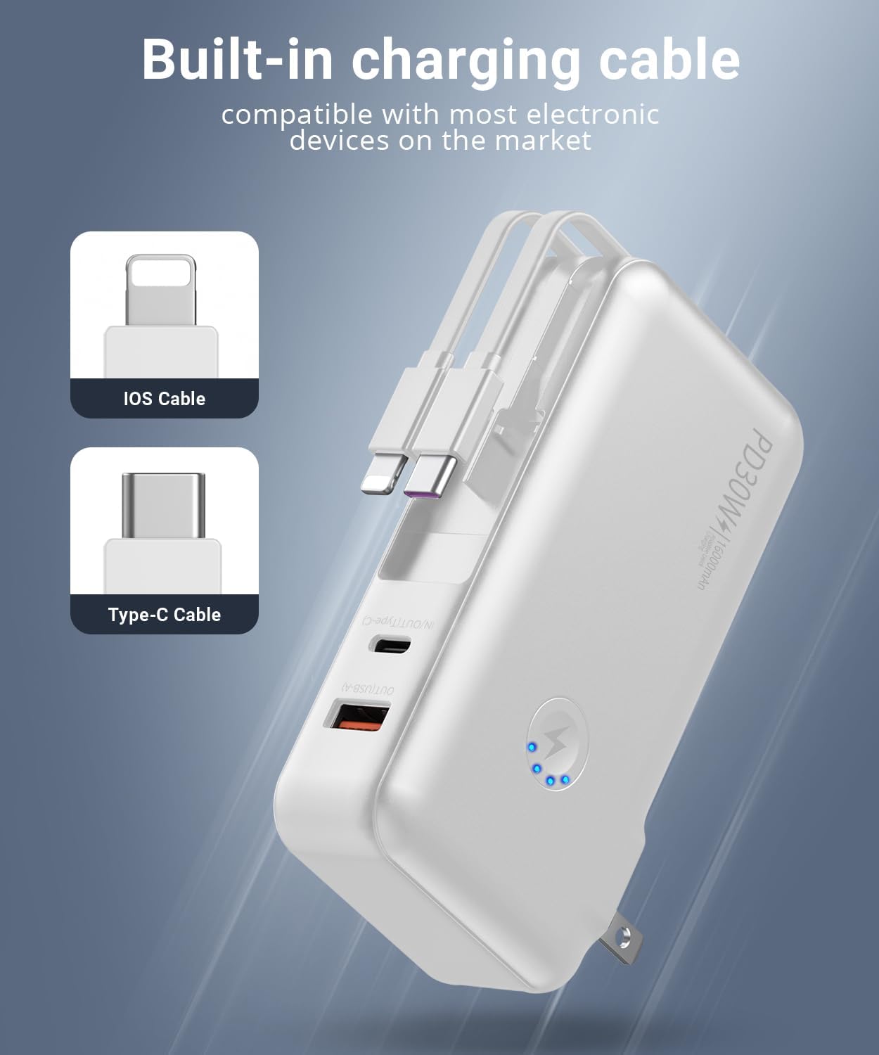 Portable Charger Power Bank 16000mAh Power Bank Built-in AC Wall Plug and Cables, PD 30W and QC4.0 Fast Charger for Most Electronic Devices (White)