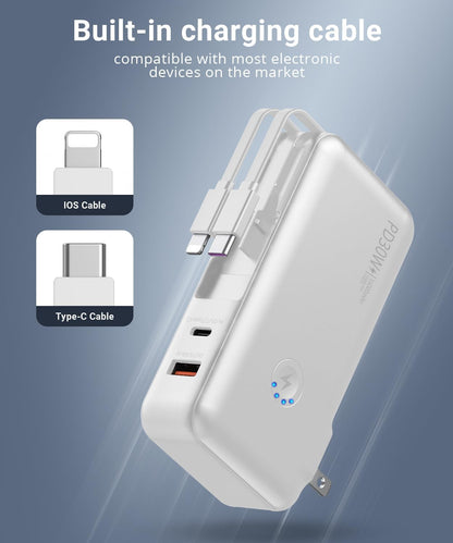 Portable Charger Power Bank 16000mAh Power Bank Built-in AC Wall Plug and Cables, PD 30W and QC4.0 Fast Charger for Most Electronic Devices (White)