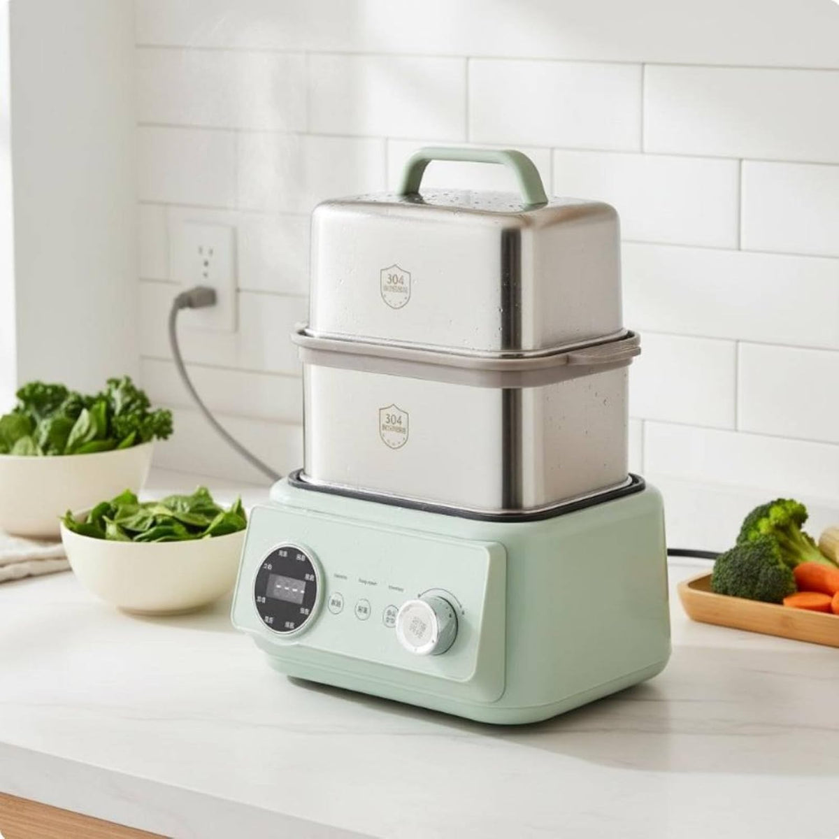 Electric Steamer Multi Layer Cooker Hot Pot Appliance Food Warmer Stainless Steel Trays 1200W With Digital Display Suitable for small gatherings, Stainless Steel Green, Canada 110V