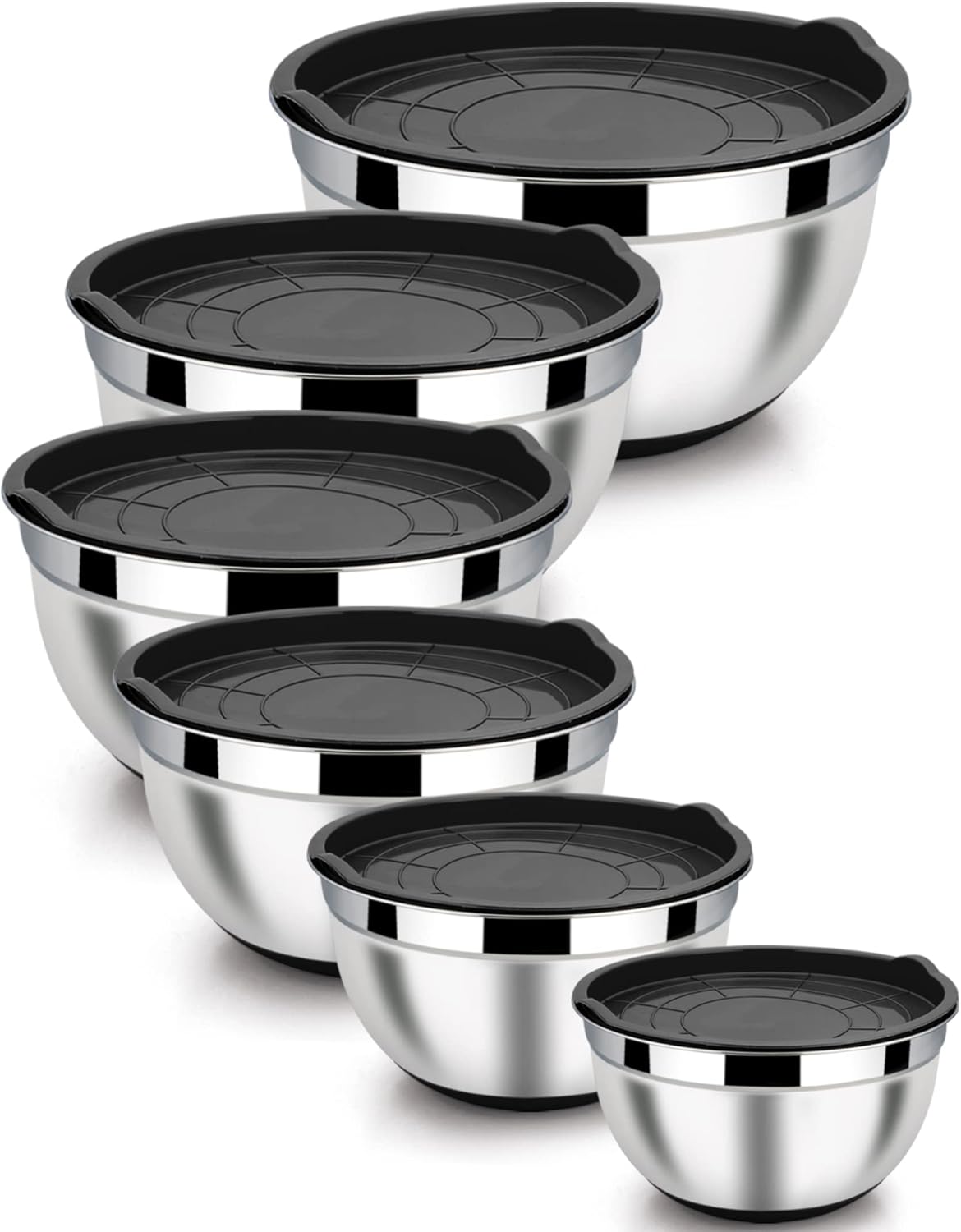 LIANYU Stainless Steel Nesting Mixing Bowls Set of 6 with Airtight Lids, Size 7, 3.5, 2.5, 2, 1.5, 1QT, Large Metal Bowls for Baking Cooking Food Storage, Non-slip Bottom, Black
