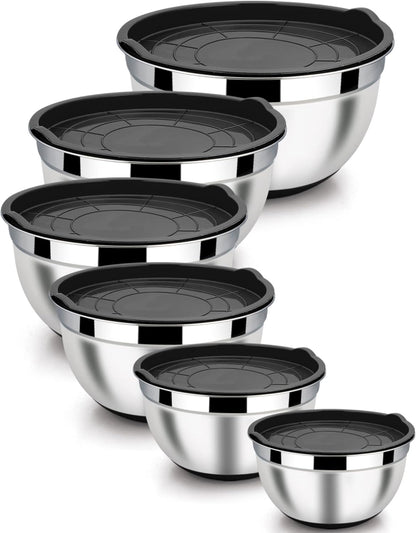 LIANYU Stainless Steel Nesting Mixing Bowls Set of 6 with Airtight Lids, Size 7, 3.5, 2.5, 2, 1.5, 1QT, Large Metal Bowls for Baking Cooking Food Storage, Non-slip Bottom, Black