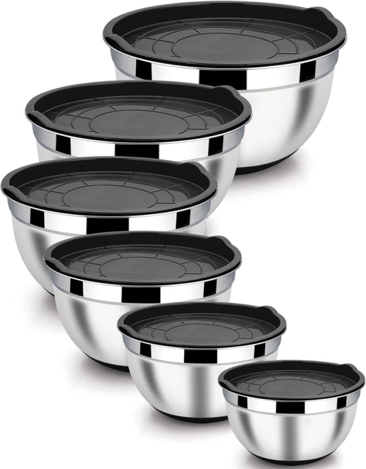 LIANYU Stainless Steel Nesting Mixing Bowls Set of 6 with Airtight Lids, Size 7, 3.5, 2.5, 2, 1.5, 1QT, Large Metal Bowls for Baking Cooking Food Storage, Non-slip Bottom, Black