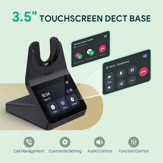 Yealink WH64 Pro DECT& Bluetooth Wireless Headset, 3.5" Touchscreen Teams, Mono Headphones, 606 ft Range,3X Noise Cancelling Mic, 26H Calls Office Work Single Ear Headsets for DeskPhone,Laptop,Mobile - PuriLite