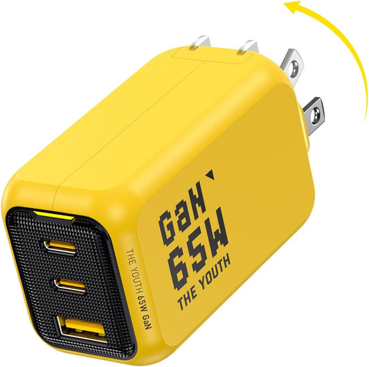 AOHI Youth 65W GaN+ USB C Charger Block, 3-Port PPS Type C Compact Foldable Laptop Fast Wall Charger for MacBook Air, iPad Pro, iPhone 17/16 Pro Max, Galaxy S24, Pixel, Steam Deck and More, Yellow - PuriLite