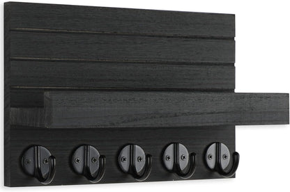 Lwenki Key Holder for Wall, Decorative Key and Mail Holder with Shelf Has Large Key Hooks for Bags, Coats, Umbrella – Paulownia Wood Key Hanger with Mounting Hardware (Black)