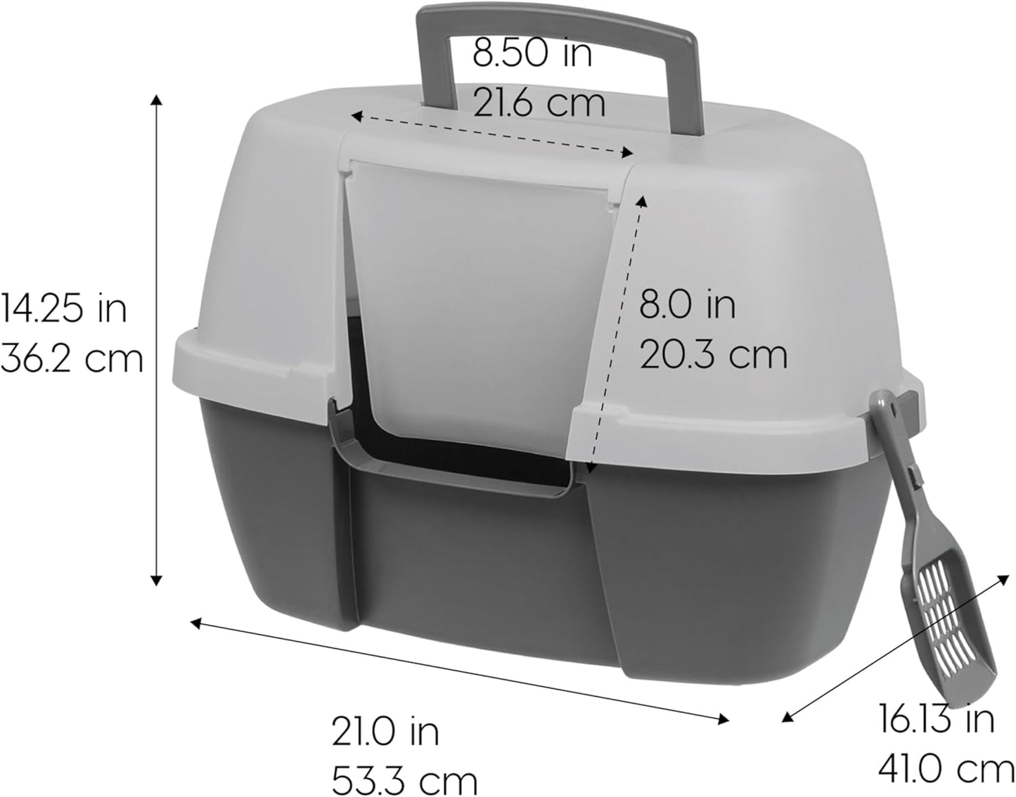 IRIS USA Cat Litter Box, Large Corner Litter Box Enclosure with Scoop, Litter Box with Lid, Handle and Buckles for Portability and Privacy, Gray
