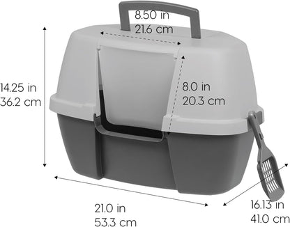 IRIS USA Cat Litter Box, Large Corner Litter Box Enclosure with Scoop, Litter Box with Lid, Handle and Buckles for Portability and Privacy, Gray