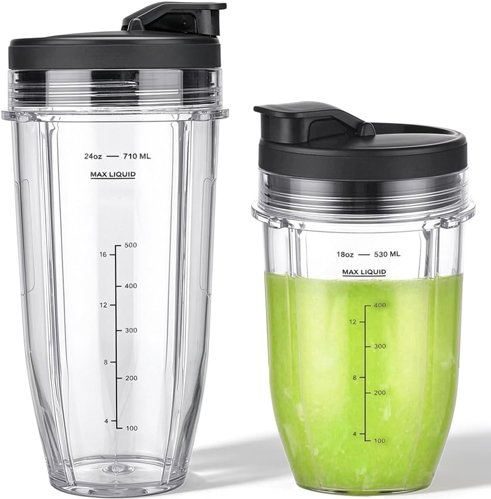 2-Pack Cup Replacement Parts with Lid for Ninja Blender Auto-iQ BL450C BL451C BL481C BN751C BN750C BN801 BN801C BN400C Nutri Ninja Food Processor SS101C SS150C SS151C SS351C,18oz & 24oz Smoothie Cups