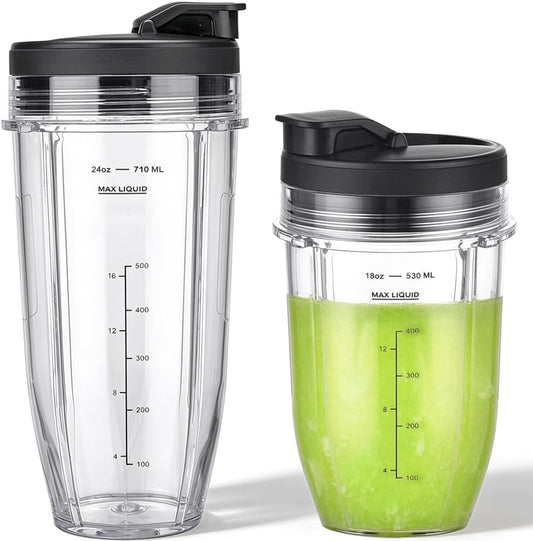 2-Pack Cup Replacement Parts with Lid for Ninja Blender Auto-iQ BL450C BL451C BL481C BN751C BN750C BN801 BN801C BN400C Nutri Ninja Food Processor SS101C SS150C SS151C SS351C,18oz & 24oz Smoothie Cups