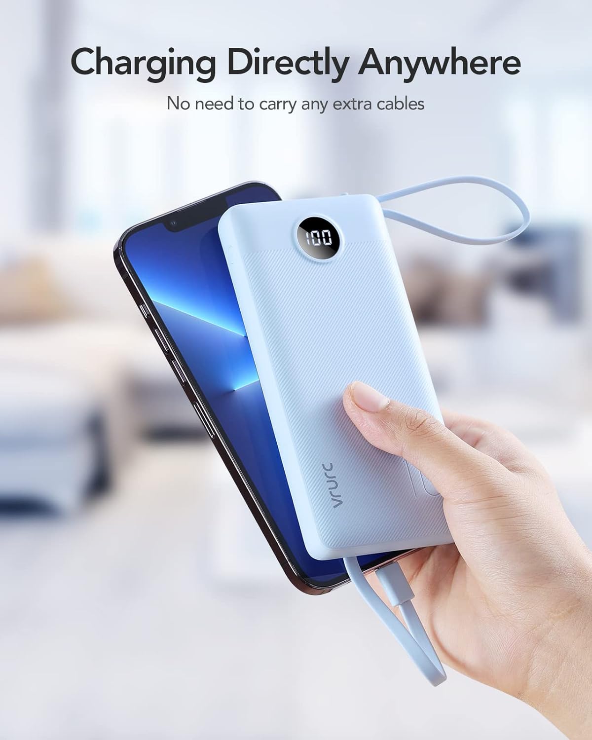 VRURC 10000mAh Power Bank Built-in Cables, Portable Charger with LED Display, Slim Intelligent Travel Battery Pack with Cords, 5 Output Dual Input Phone Charger for Cell Phone Smart Devcies-Blue