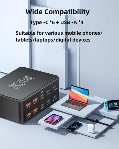 FOSION USB C Charging Station 330W, USB C Charger Charging Hub 10 Power Port for Multiple Devices with PD 100W 65W 30W QC3.0 18W Fast Charging Power Stock Station for iPhone 15, iPad Air/Pro, Galaxy