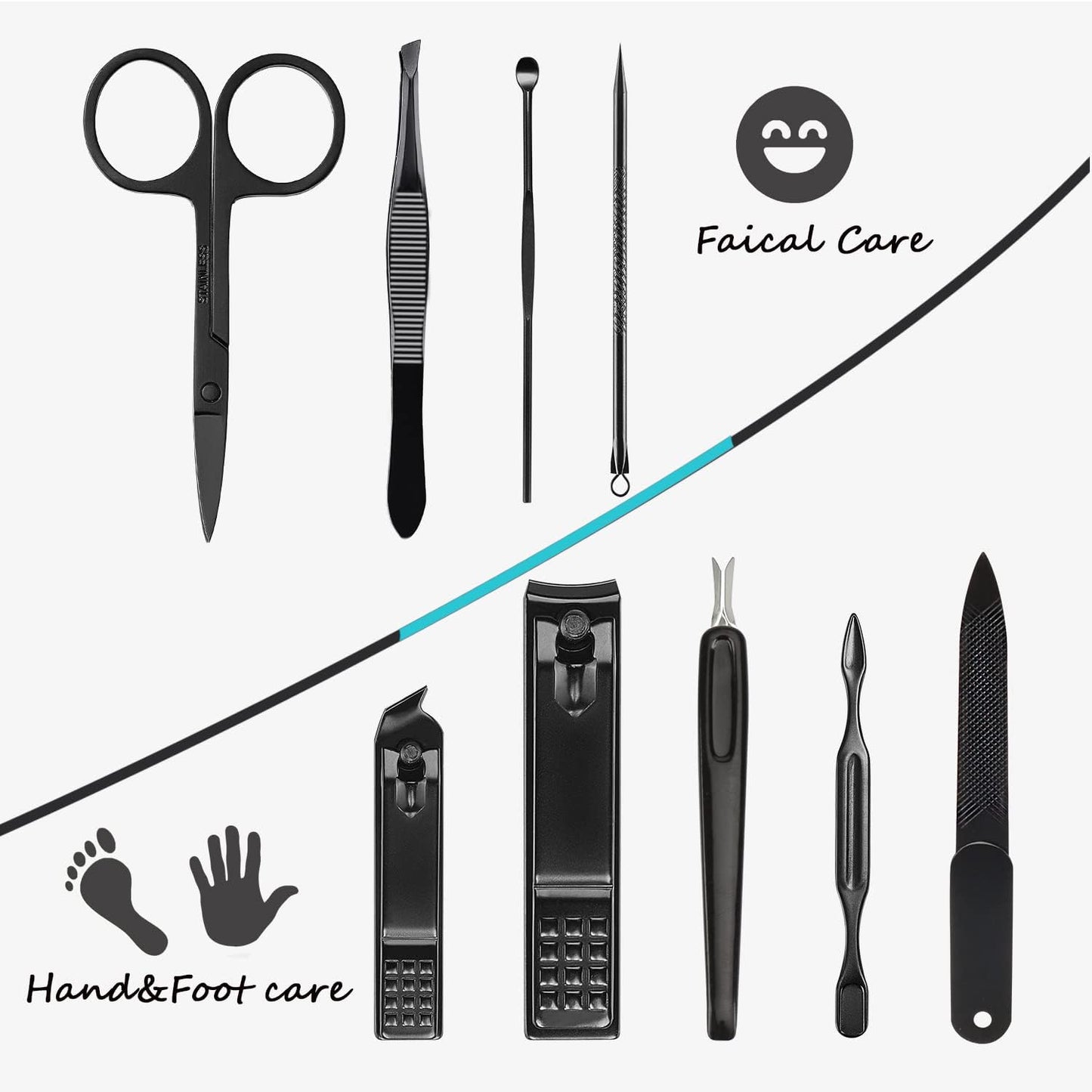 Manicure Set 9 in 1 Stainless Steel, Nail Clippers Scissors Pedicure Tools Kit - Portable Travel Grooming Kit for Men and Women with Black/Red Leather Case (Blue)