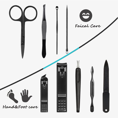 Manicure Set 9 in 1 Stainless Steel, Nail Clippers Scissors Pedicure Tools Kit - Portable Travel Grooming Kit for Men and Women with Black/Red Leather Case (Blue)