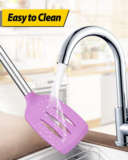 Pack of 2 Silicone Slotted Spatula,Non Stick Solid Kitchen Turner, High Heat Resistant BPA Free Cooking Utensils for Fish, Eggs, Pancakes（Black