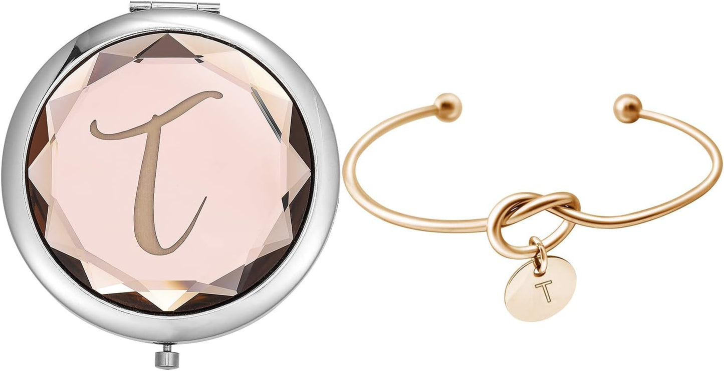 Compact Crystal Pocket Makeup Mirrors Set - Letter Mirror and Love Knot Bracelets for Bachelorette Party, Bridesmaid Proposal, Wedding Gifts (Champagne-B)