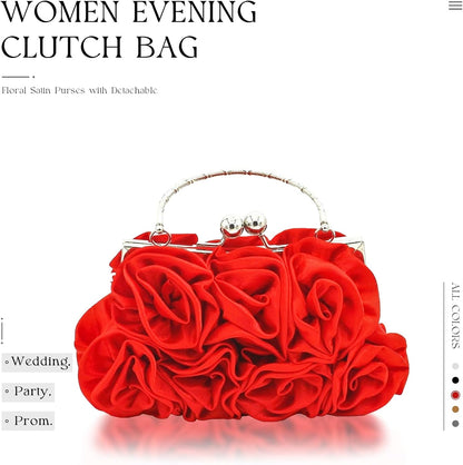 JAMBHALA Women Evening Clutch Bag Floral Satin Purses with Detachable Strap for Wedding, Party, Prom