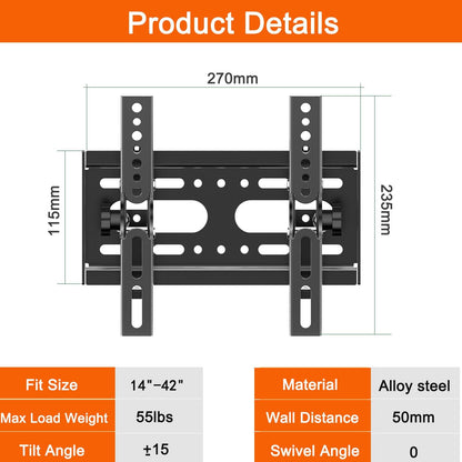 SJBRWN Tilt TV Wall Mount for Most 14-42 Inch Flat Curved Screen TVs Monior, Up Down 15° Support TV Mural, Fits 24 32 40" Max VESA 200x200mm Holds up to 55lbs, Low Profile Small Wall Mount TV Bracket