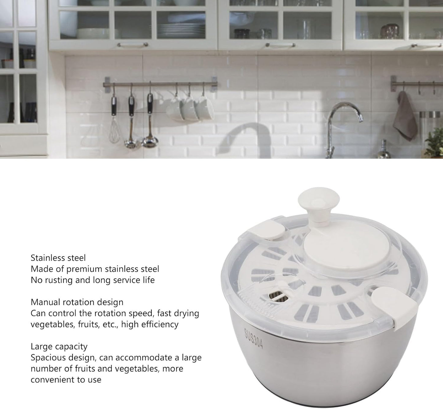 Otufan Salad Leaf Dryer Salad Dryer,Stainless Steel Salad Spinner Measuring 9.8x5.9x7.9Double Layer Fruit Dehydrator Drainer for Kitchen - PuriLite