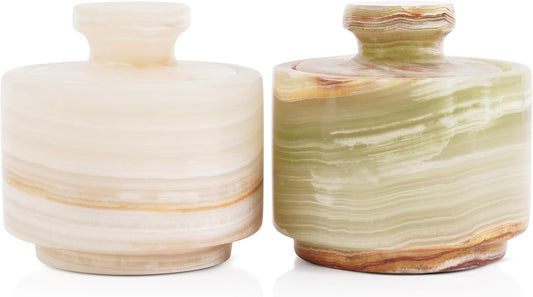 MARBLOUS KRAFTS Marble Salt Cellar with Lid White Onyx and Green Onyx 3" Stone Spice Jar, Perfect for Kitchen Counters, Ideal for Storing Salt, Sugar, and Pepper Bowls