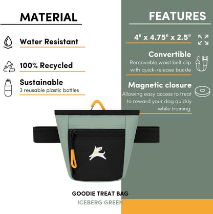 OllyDog Goodie Treat Bag, Dog Treat Pouch, Waist Belt Clip for Hands-Free Training, Magnetic Closure, Dog Training and Behavior Aids, Three Ways to Wear (Iceberg Green)