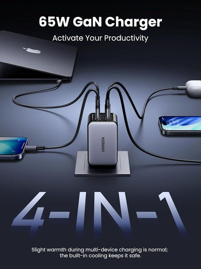 UGREEN Nexode 65W 4 Port GaN Fast Charging Block, 3 Port USB C Fast Compact Wall Charger Compatible with MacBook Pro/Air, iPhone 16 15 14 Pro, iPad, Galaxy S25/S24/S23, Pixel 8, Steam Deck
