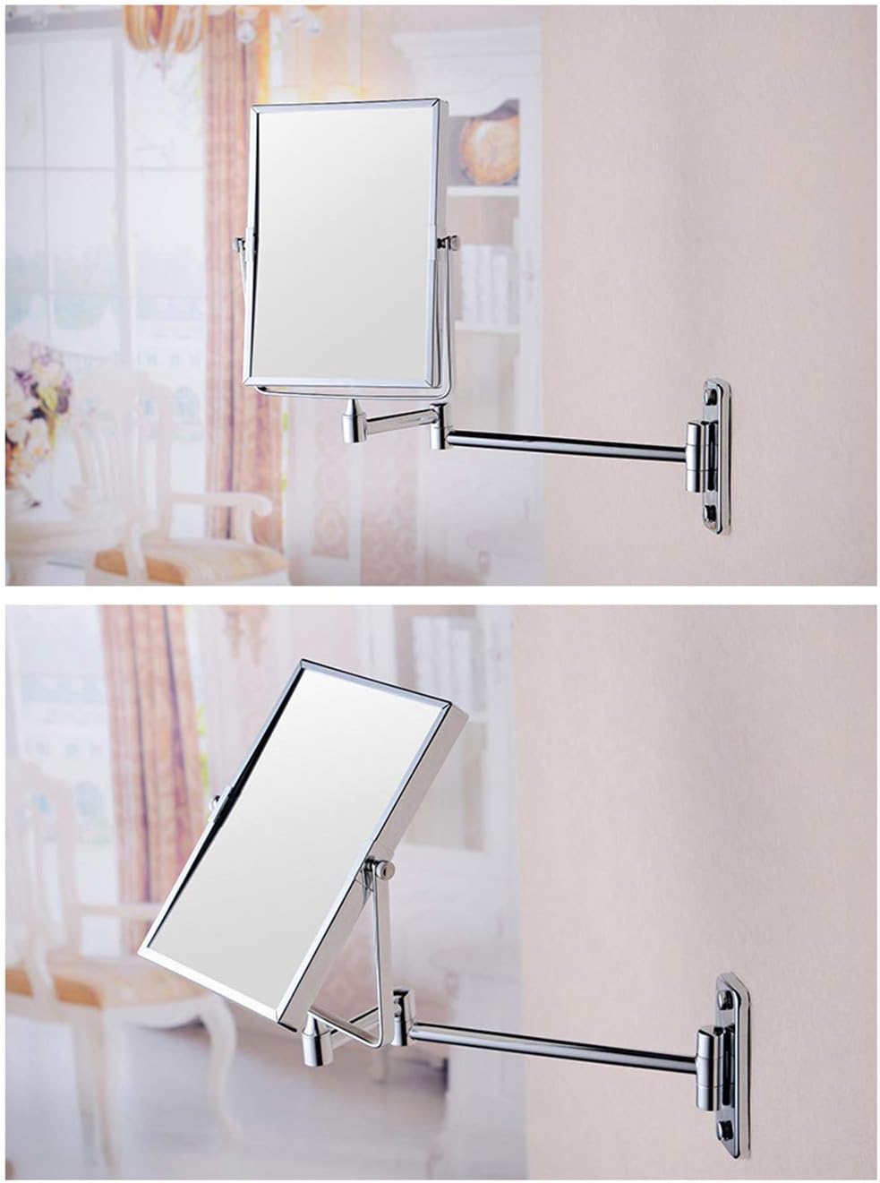 KANG// Bathroom Wall Mirror, Folding Space Aluminum Alloy Telescopic Mirror, Double Sided Shaving Mirror with 3X Magnifier, 39 x 34 cm, Wall Mount, Modern Style