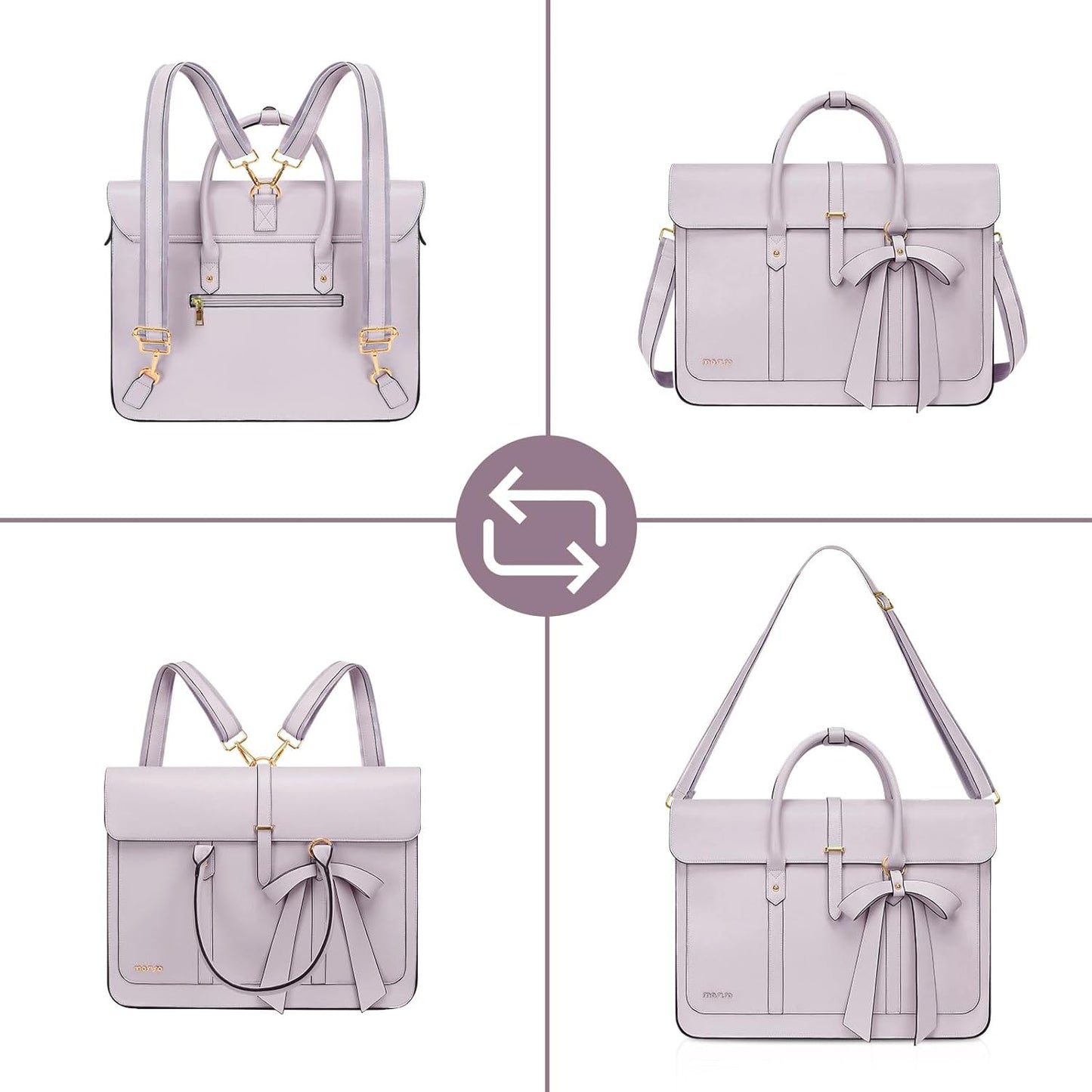 MOSISO Laptop Bag for Women, PU Leather Laptop Shoulder Bag Convertible Backpack, Work Travel Computer Bag with Bowknot - PuriLite