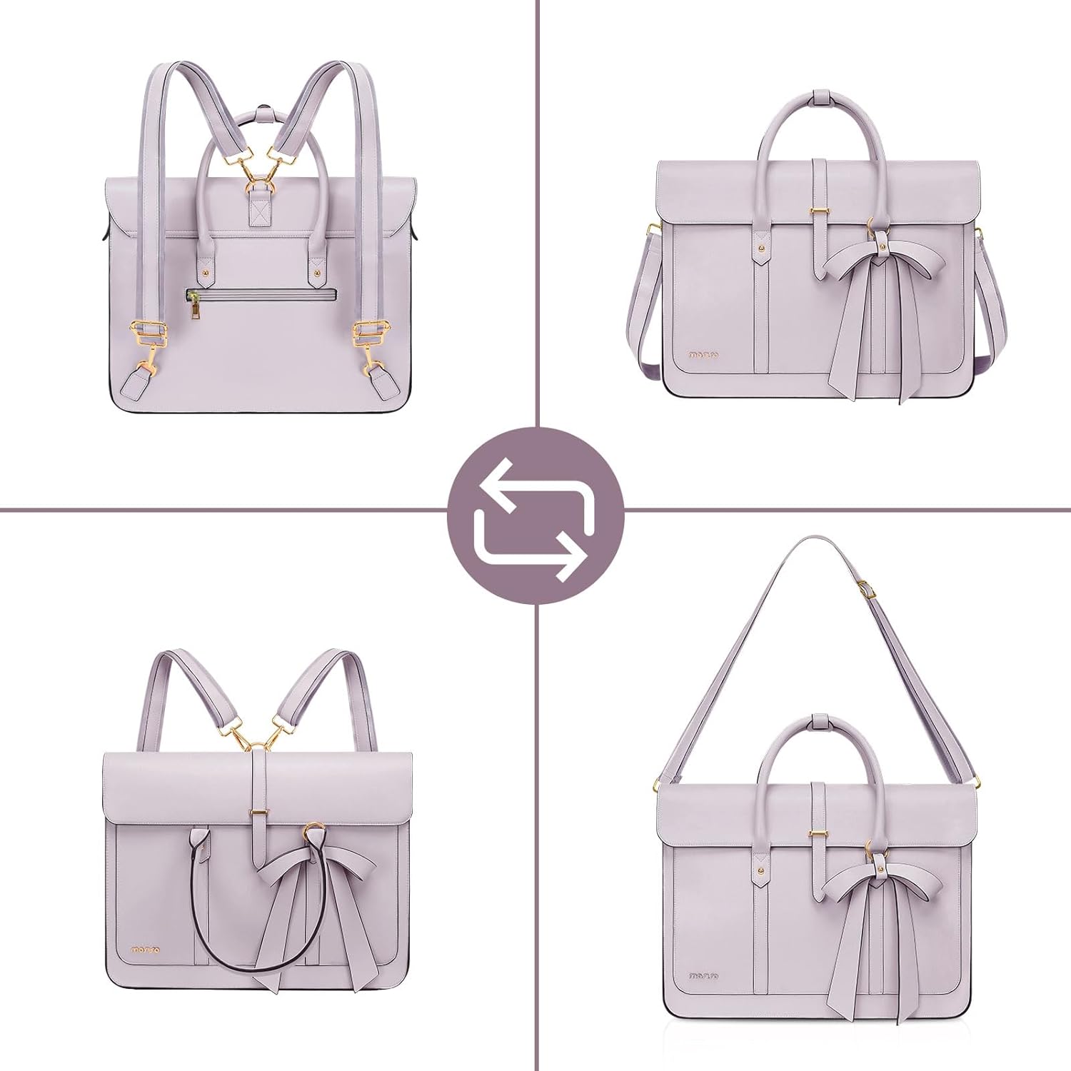 MOSISO Laptop Bag for Women, PU Leather Laptop Shoulder Bag Convertible Backpack, Work Travel Computer Bag with Bowknot - PuriLite
