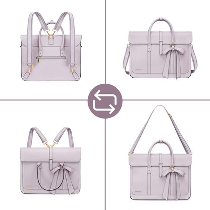 MOSISO Laptop Bag for Women, PU Leather Laptop Shoulder Bag Convertible Backpack, Work Travel Computer Bag with Bowknot - PuriLite