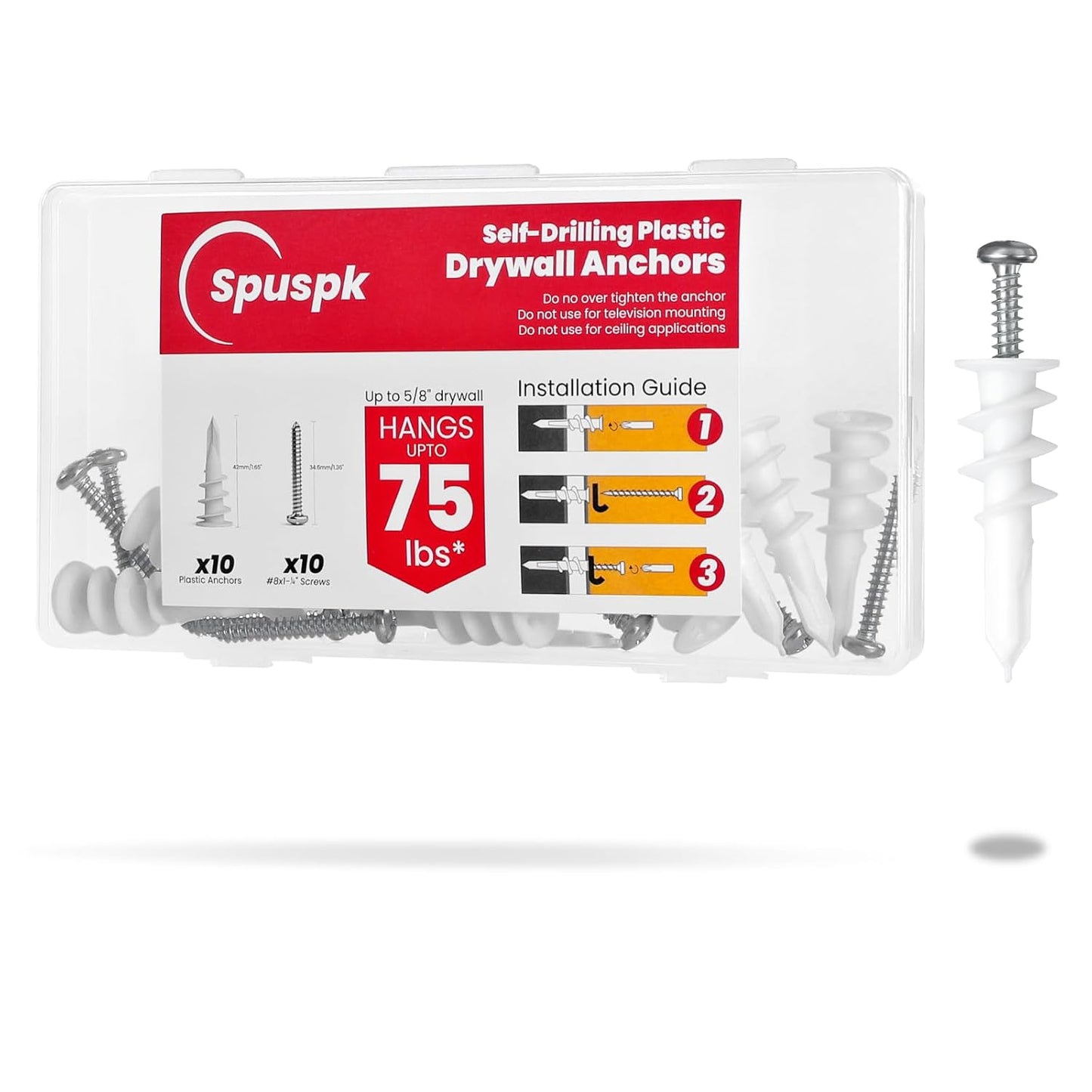 Spuspk #8 Self Drilling Drywall Anchors,120Pcs Wall Anchors and Screws for Drywall, 60 Self-Tapping/Threaded Plastic Sheetrock Anchors + 60#8 x 1-1/4'' Screws, 75LB Hanging and Mounting