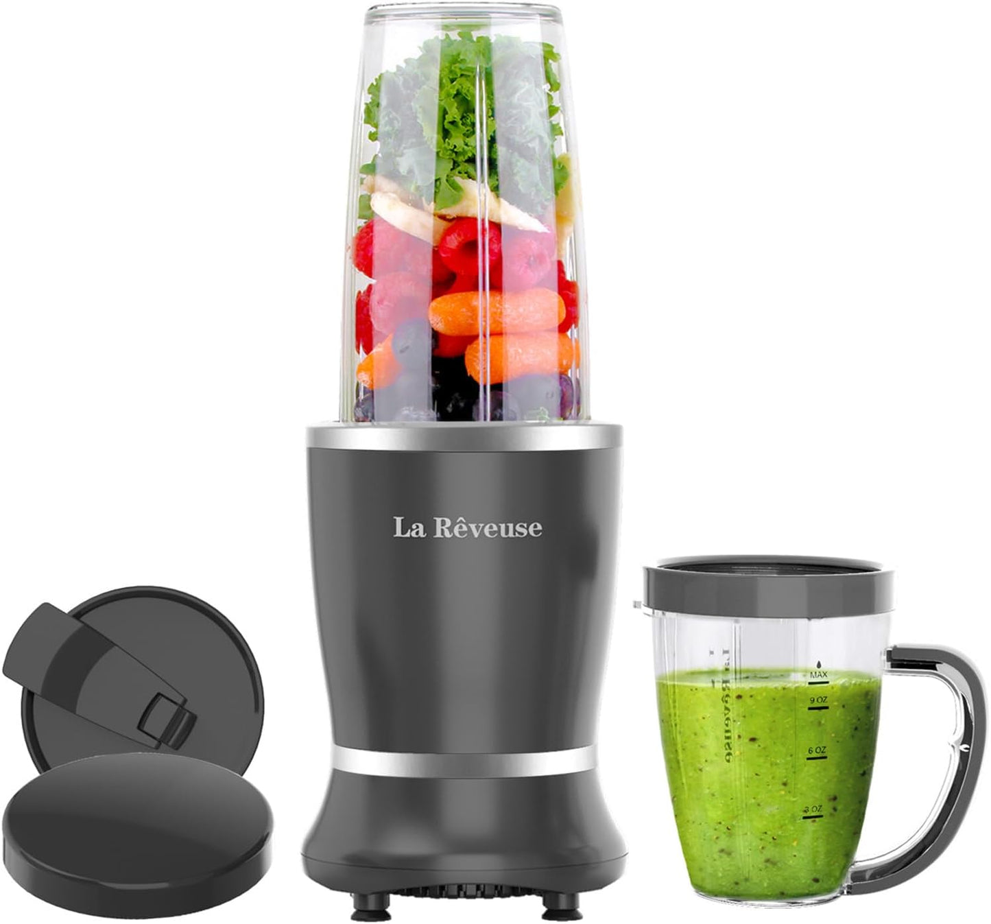 La Reveuse Personal Size Blender 250 Watts Power for Shakes Smoothies Seasonings Sauces with 1 Piece 15 oz Cup,1 Piece 10 oz Mug,BPA Free (Black)