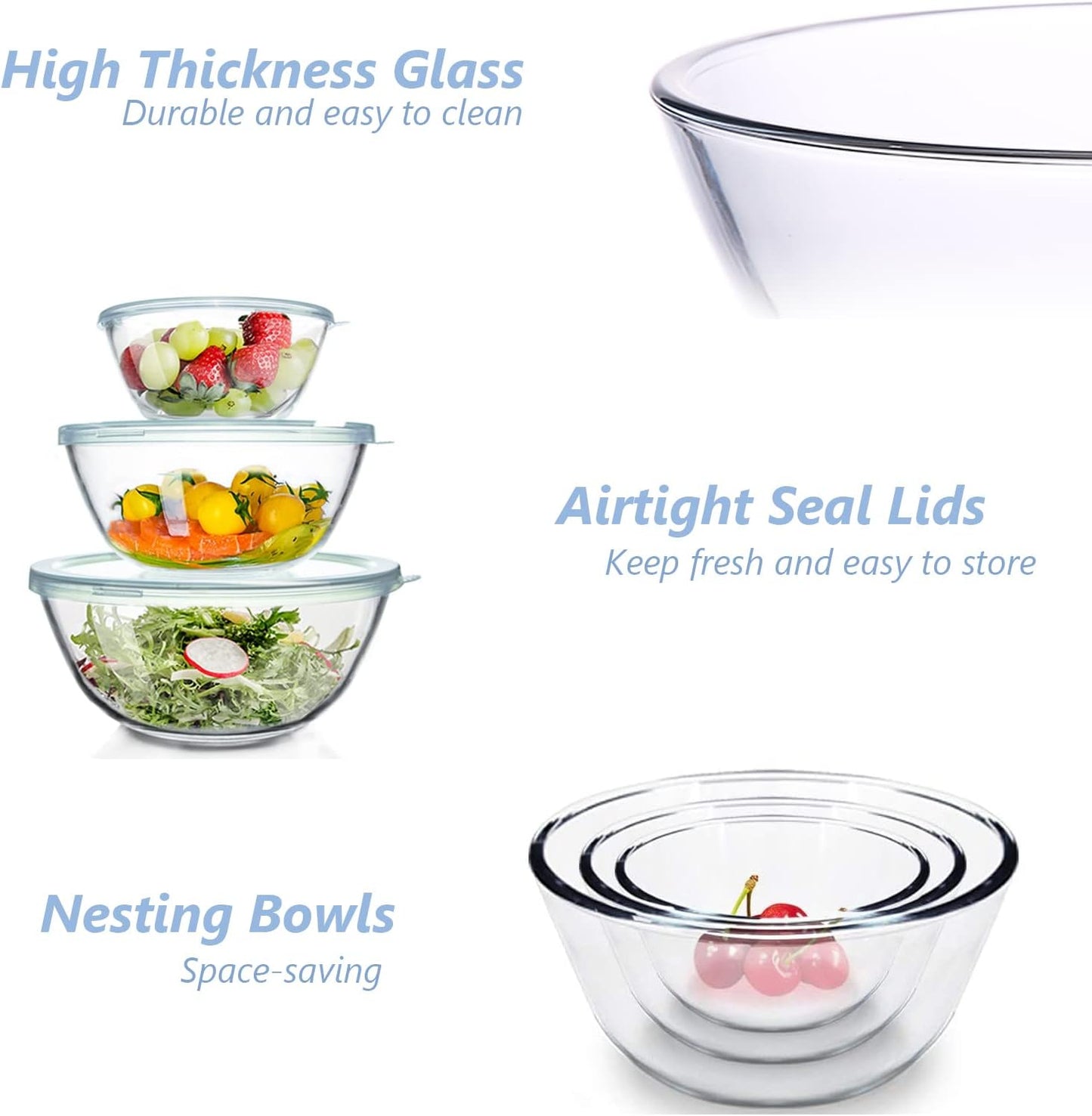 Whiterhino Glass Mixing Bowls with Lids Set of 3（4.5QT,2.7QT, 1.1QT, Large Clear Salad Fruit Nesting Bowl for Cooking,Baking,Prepping,Serving and Storage,Dishwasher and Microwave Safe