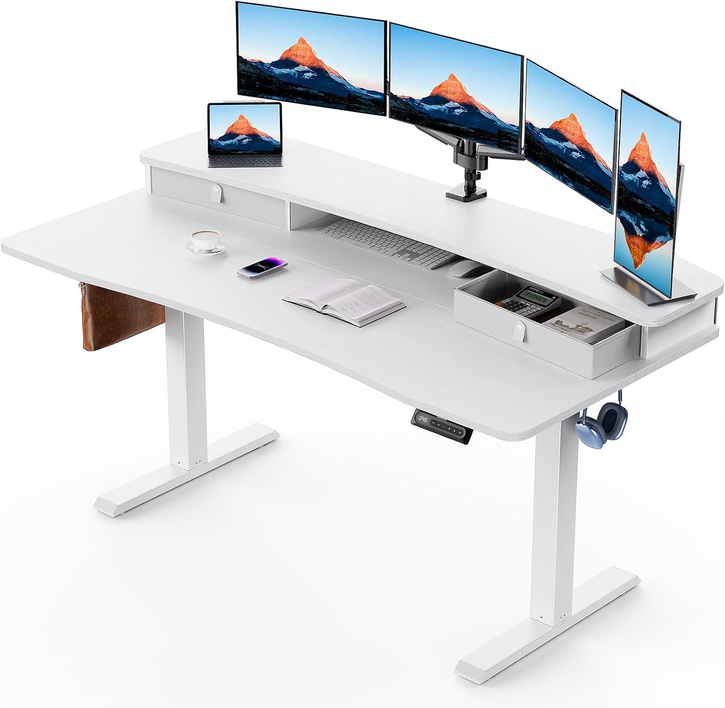 HUANUO 60″ x 30″ Electric Standing Desk with 2 Drawers, C-Clamp Mount Compatible, Height Adjustable Computer Desk, Home Office Stand Up Desk with 4 Preset Heights & 2 Hooks, Vintage Brown
