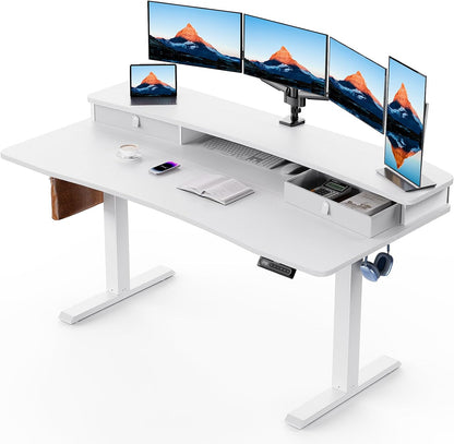 HUANUO 60″ x 30″ Electric Standing Desk with 2 Drawers, C-Clamp Mount Compatible, Height Adjustable Computer Desk, Home Office Stand Up Desk with 4 Preset Heights & 2 Hooks, Vintage Brown