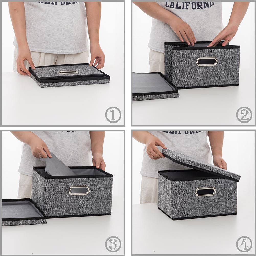 PRANDOM Large Foldable Storage Bin with Lid [1-Pack] Linen Fabric Decorative Storage Box Organizer Containers Basket Cube with Handles Divider for Bedroom Closet Office Living Room (17.7x11.8x11.8")