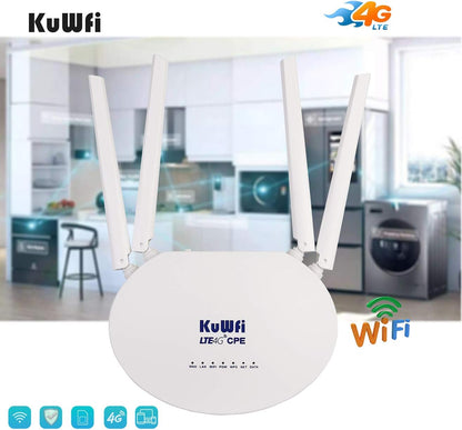 KuWFi 4G LTE Wireless WiFi Internet Router 300Mbps Unlocked with SIM Card Slot 4pcs Non-Detachable Antennas Cat4 150Mbps Mobile WiFi Hotspot for Bell/Fido/Freedom/Koodo/Public/Rogers/Virgin Mobile