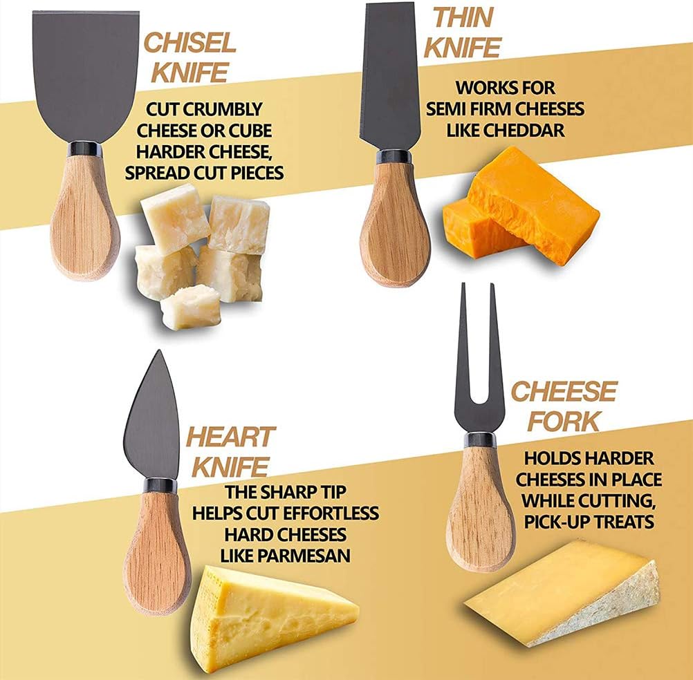 Bamboo Cheese Board with Knife Set, Charcuterie Platter Including Slide-Out Hidden Drawer & 4 Stainless Steel Knife and Utensils-Gifts for Christmas, Wedding, Birthday, Anniversary, Thanksgiving Day