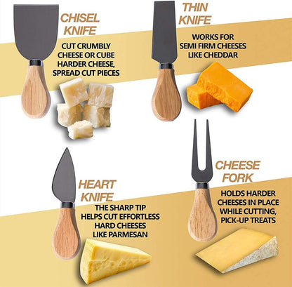 Bamboo Cheese Board with Knife Set, Charcuterie Platter Including Slide-Out Hidden Drawer & 4 Stainless Steel Knife and Utensils-Gifts for Christmas, Wedding, Birthday, Anniversary, Thanksgiving Day