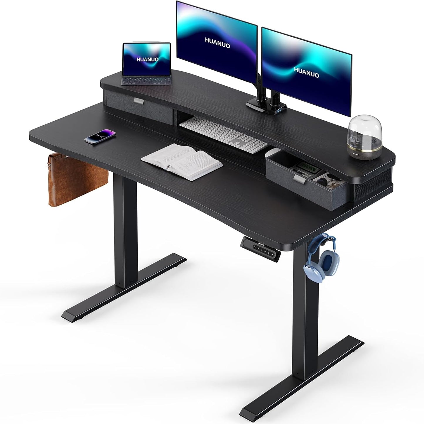 HUANUO 60″ x 30″ Electric Standing Desk with 2 Drawers, C-Clamp Mount Compatible, Height Adjustable Computer Desk, Home Office Stand Up Desk with 4 Preset Heights & 2 Hooks, Vintage Brown