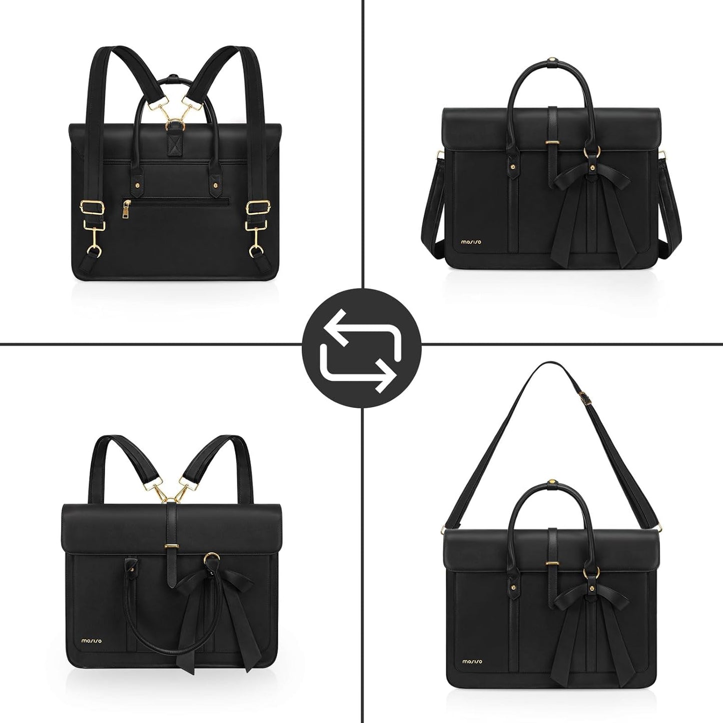 MOSISO Laptop Bag for Women, PU Leather Laptop Shoulder Bag Convertible Backpack, Work Travel Computer Bag with Bowknot - PuriLite